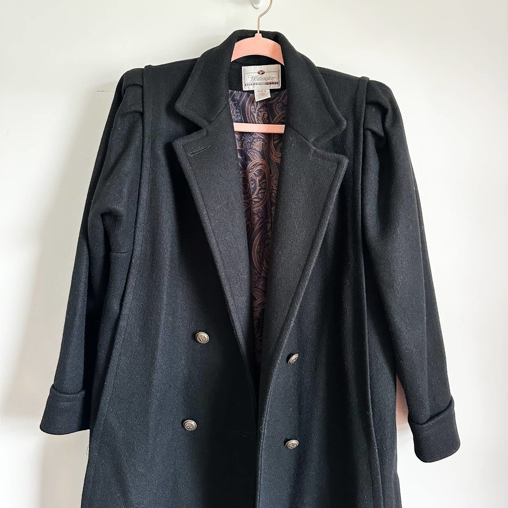 Vintage Black Double Breasted Long Wool Coat Pleated Puff Shoulder sz 8 Petite - Picture 7 of 15